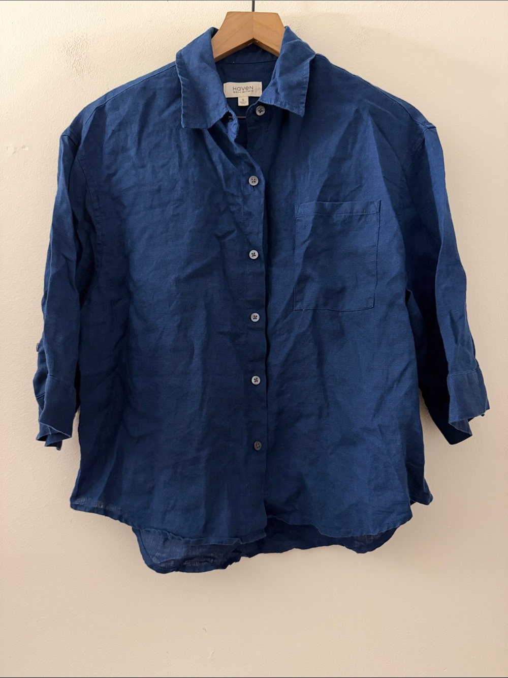 Haven Well Within Shirt Womens S Blue Linen Button Collared Coastal Lagenlook